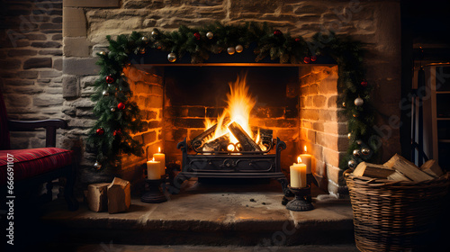 A cosy room lit by a fireplace's warm glow and a Christmas tree. A perfect place to snuggle up and enjoy the festive spirit.