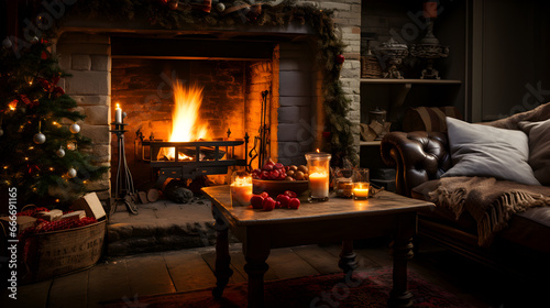 A cosy room lit by a fireplace's warm glow and a Christmas tree. A perfect place to snuggle up and enjoy the festive spirit.