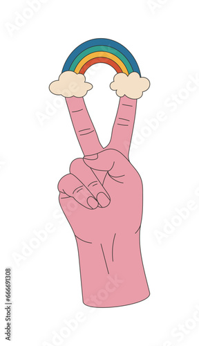 Peace hand gesture sign with colorful rainbow and clouds, isolated on white background. Victory or peace vector symbol. No war sign. Design for posters, t-shirts, banners.