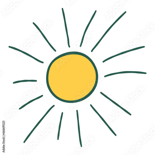Sun in doodle style, single element, isolated. Hand drawn vector illustration imitating a kid, child drawing for greeting cards, posters, stickers and seasonal design.