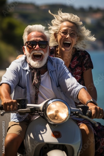 Retired happy couple on the bike