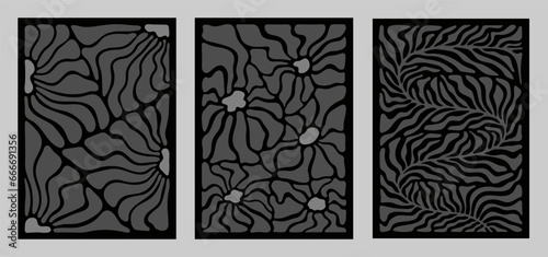 Groovy abstract flower art set. Organic floral doodle shapes in trendy naive retro hippie 60s 70s style. Botanic vector illustration in blue color. Сurves aestethic. Long curved stem with leaves.