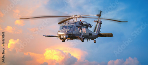 American utility helicopter Sikorsky UH-60 Black Hawk, isolated, sky background. Twin-engine military helicopter with M240 machine guns, air-to-ground missiles, Hydra rockets, bombs. Nato air force 3D photo