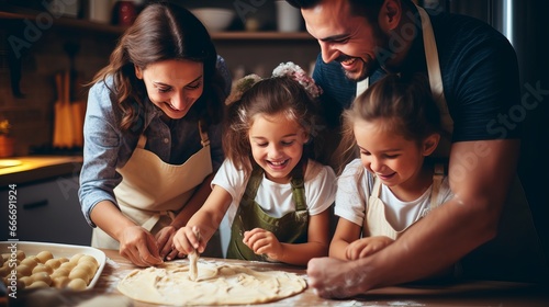 A happy family and humorous children are preparing the dough and baking cookies in the kitchen. photo