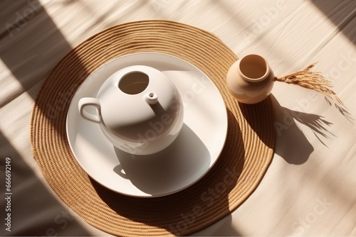 Top view of modern minimal beautiful white ceramic teapot 