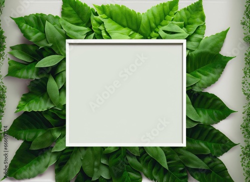 creative layout, green leaves with white square frame . AI Generated.