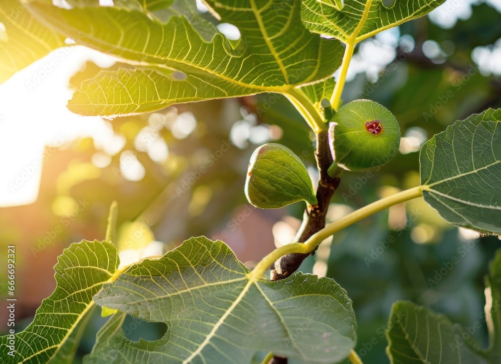 Fig grows on a tree in the harvest garden on evernig sun flare with copy space. AI Generated. Fig grows on a tree in the harvest garden on evernig sun flare with copy space. AI Generated.