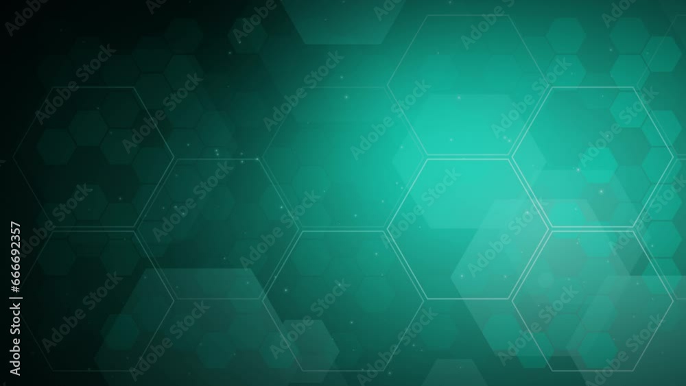 Futuristic flat dark green background with a pattern of animated hexagons. Science concept with flying particles. Looped animation.