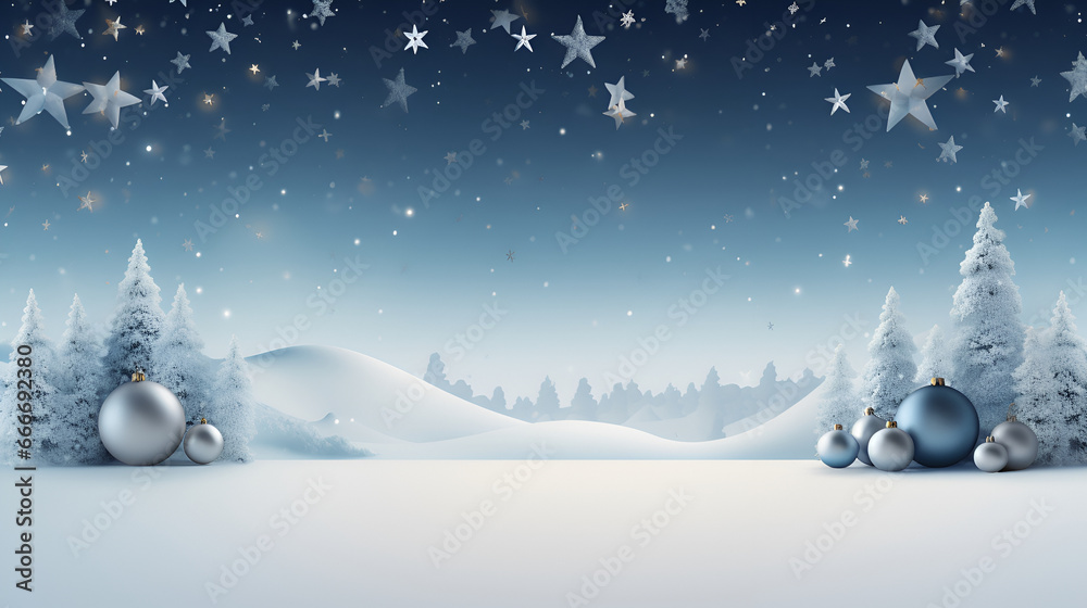 Christmas and New Year minimalist long banner. Christmas fir trees in a snowy forest and blue glass balls and on a gradient navy blue background with copy space for text.