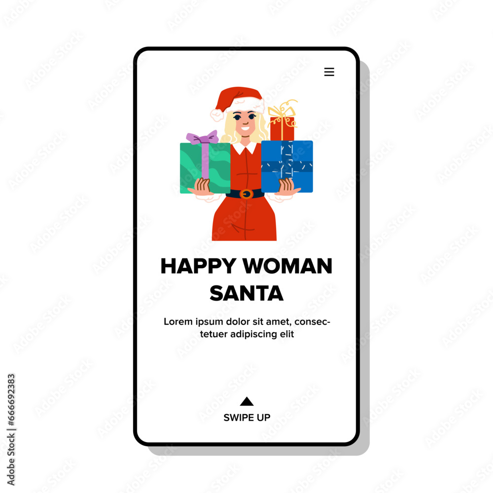 female happy woman santa vector. young winter, holiday lifestyle, portrait model female happy woman santa web flat cartoon illustration female happy woman santa vector. young winter, holiday lifestyle, portrait model female happy woman santa web flat cartoon illustration
