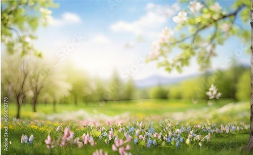 A Blurred Nature Scene with a Blossoming Glade, Lush Trees, and a Clear Blue Sky on a Sunny and Serene Day.