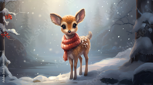 A cute deer with a Christmas red scarf against the backdrop of a fabulous winter, a snowy forest with Christmas decorations, bokeh and copy space. Cartoon illustration. Christmas card. © Tetiana