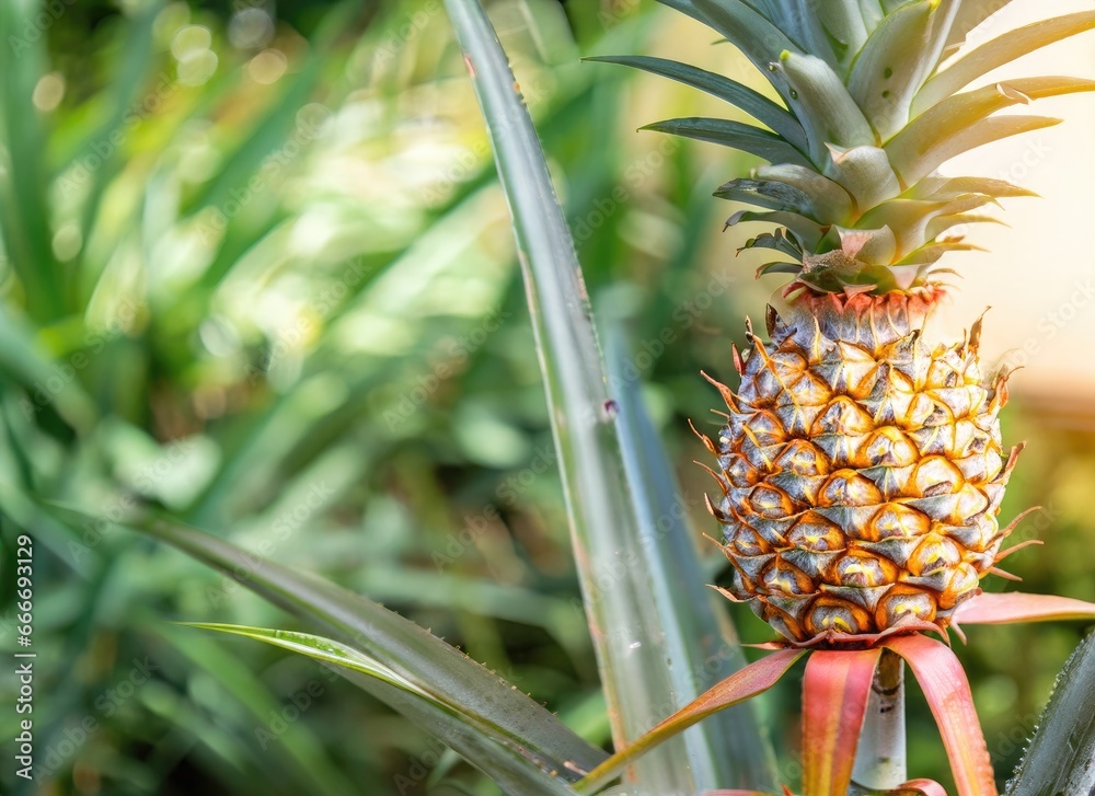 pineapple grows on a tree in the harvest garden on everning sun flare, blur bokeh background. AI Generated. pineapple grows on a tree in the harvest garden on everning sun flare, blur bokeh background. AI Generated.