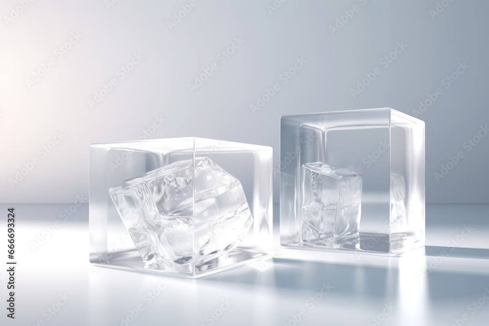 Two cold frozen natural ice cube transparent glass podium Two cold frozen natural ice cube transparent glass podium