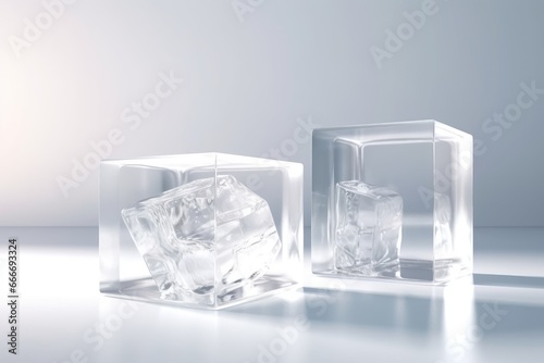  Two cold frozen natural ice cube transparent glass podium