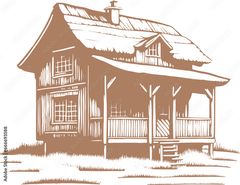 Traditional finnish old rural house in the countryside. Hand drawn vector illustration
