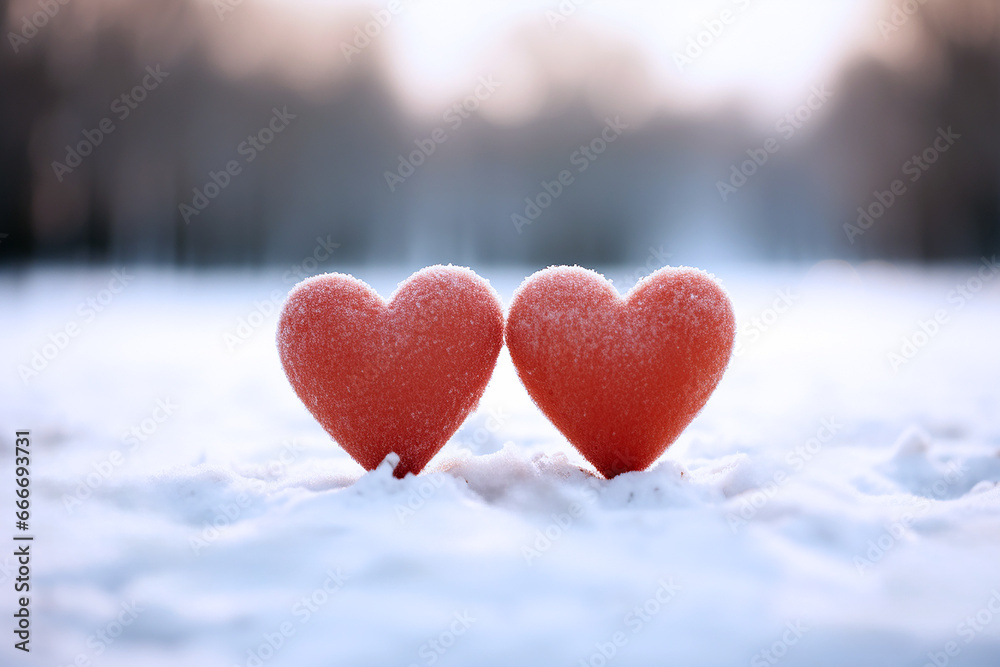 hearts on snow,valentines day concept.valentines day background with hearts with place for text hearts on snow,valentines day concept.valentines day background with hearts with place for text