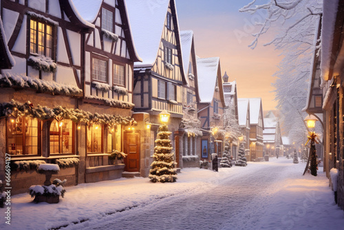 A picturesque panorama of a European winter village decorated for Christmas