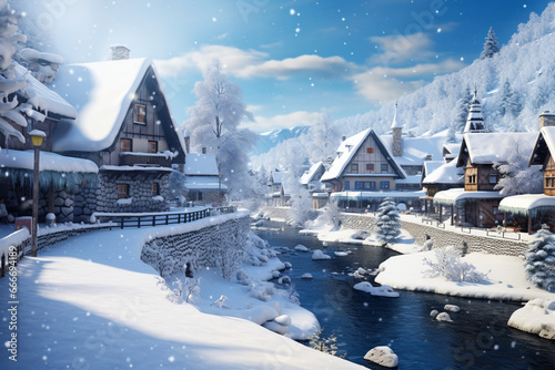 a sunny winter day in a mountain village with a river covered with snow © Наталья Лазарева
