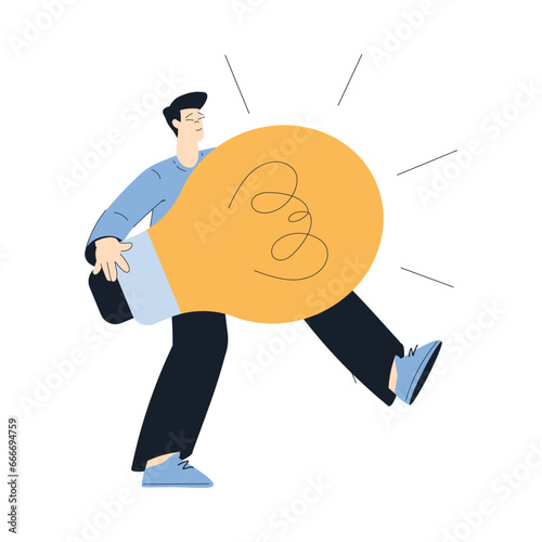 Business with Young Man Character Carry Huge Lightbulb Have Idea Vector Illustration