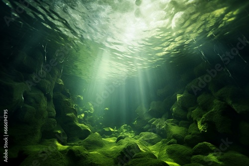 Abstract underwater landscape with green algae as a background. Generative AI