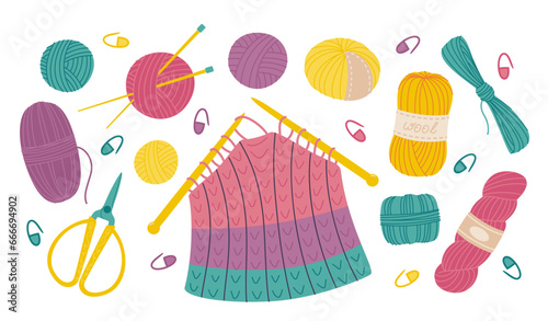 Needlework and yarn balls and skeins. Knitting elements set. Flat style illustration of hobby objects