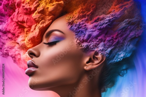 An image of a beautiful calm woman with abstract beautiful makeup. Concept of beauty, style and tranquility