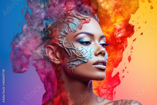 An image of a beautiful calm woman with abstract beautiful makeup. Concept of beauty, style and tranquility