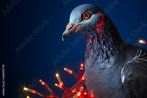 A pigeon in a Christmas setup. Studio portrait, winter festive season template.