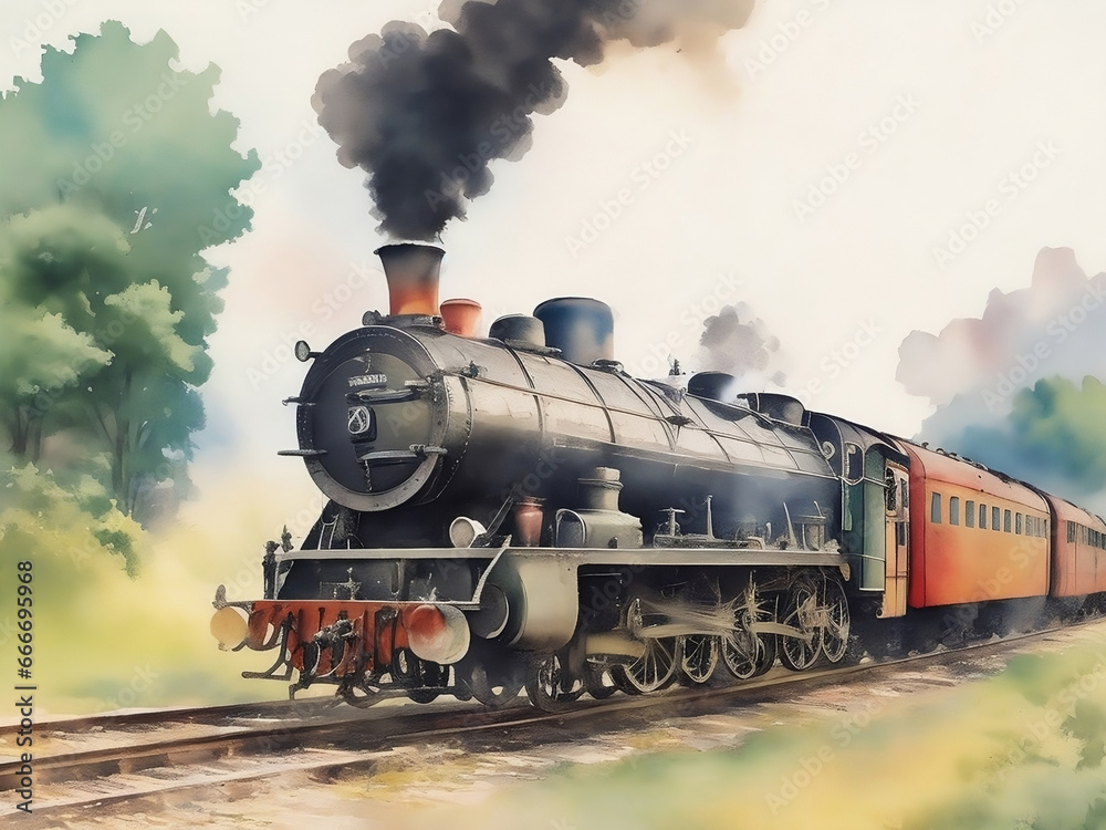 Obraz premium Transport yourself back in time with this beautiful painting that brings the majesty of old-fashioned trains to life.