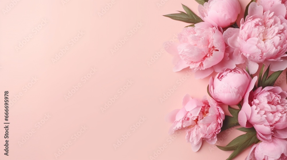 Spring peony flowers on pink pastel background.Generative AI