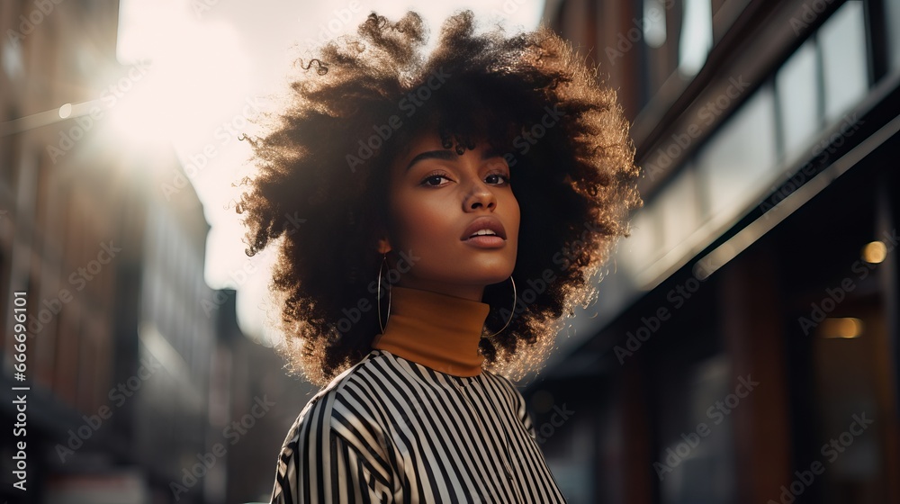 An image of a striking young black woman standing outside a building with her eyes closed. An image of a striking young black woman standing outside a building with her eyes closed.