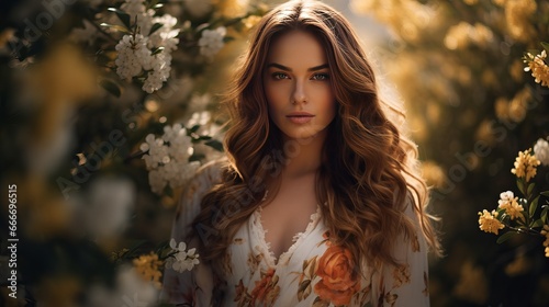 An image of an outdoor fashion photo featuring a beautiful young woman surrounded by flowers in spring blossoms.