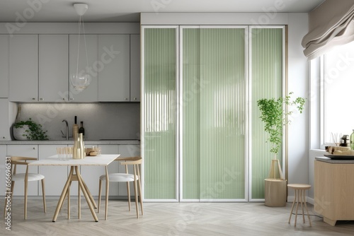 White folding reeded glass partition 