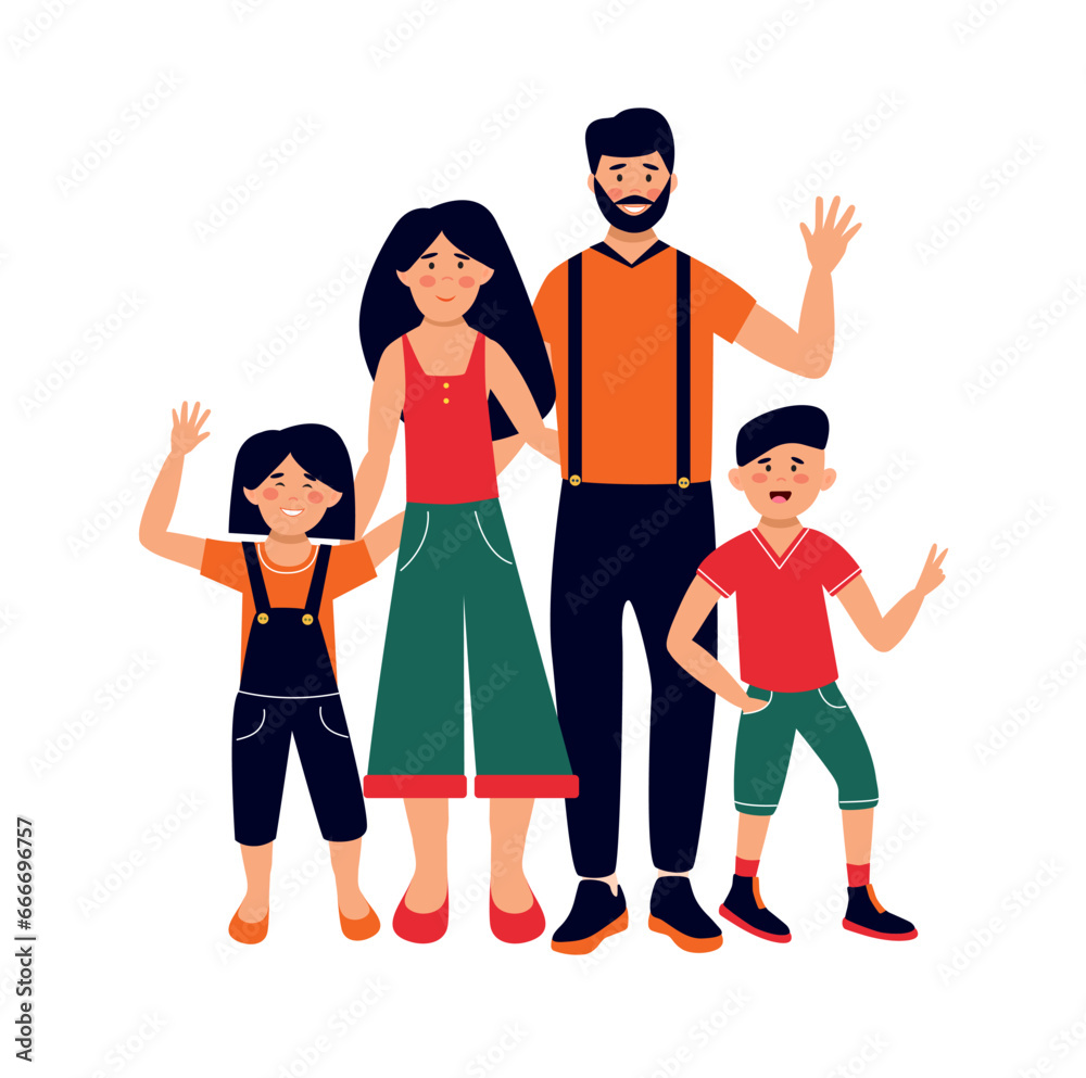 Obraz premium Vector illustration of a happy family. Smiling and waving hands. Portrait of the family of different generations. Mother, father and children