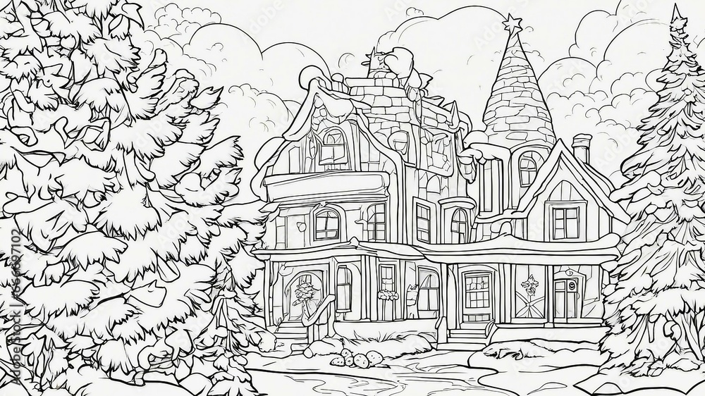 mansion in the woods black and white, coloring book page