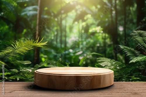  Wooden podium in tropical forest for product presentation