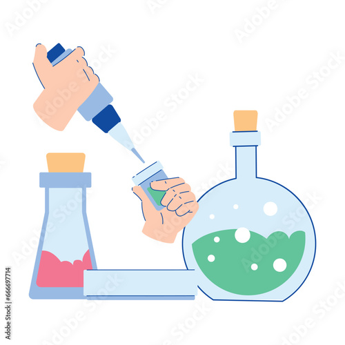 Chemistry with Hand Pouring and Mixing Substance in Glass Flask Vector Illustration