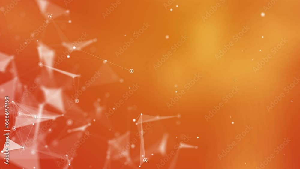 Abstract plexus background with network polygons. Orange digital science banner. Network connection effect. Geometric triangle elements. Loop motion graphic.