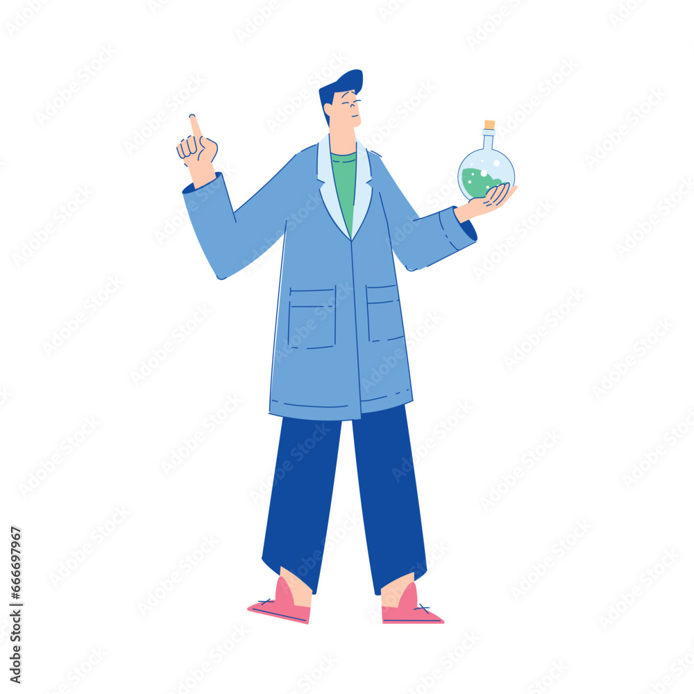 Chemistry with Man Scientist Character Standing with Glass Flask Vector Illustration