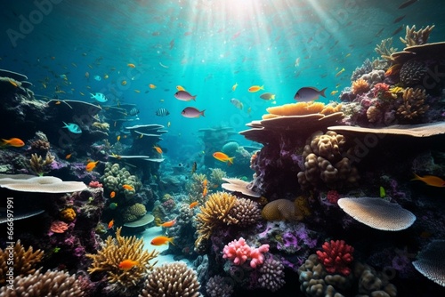 Fish swimming in a vibrant blue coral reef. Generative AI