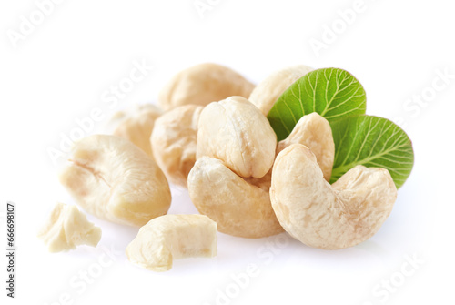 Cashew with leaves in closeup