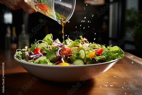 A salad being tossed with dressing, in a bowl on a table. Generative AI photo