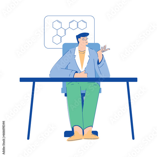 Chemistry with Man Scientist Character Sitting at Desk Vector Illustration