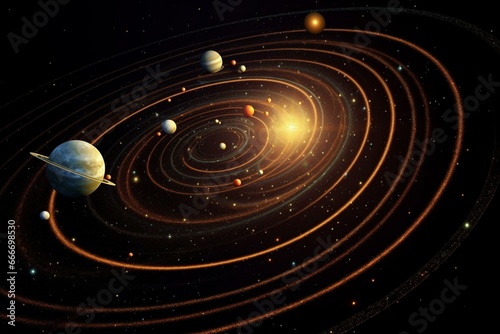 3D depiction of planets revolving in their orbits around the sun. Generative AI