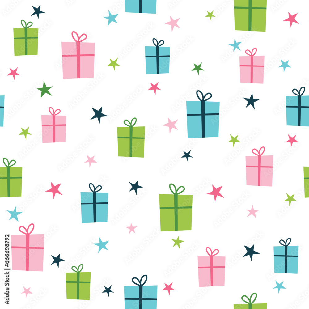 Seamless pattern with gift boxes. Christmas, birthday background with gifts and stars. Vector illustration. It can be used for wallpapers, wrapping, cards, patterns for clothes and other. Seamless pattern with gift boxes. Christmas, birthday background with gifts and stars. Vector illustration. It can be used for wallpapers, wrapping, cards, patterns for clothes and other.