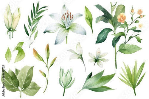 watercolor lily flowers and green leaves. Botanical desig