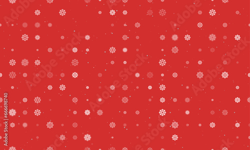 Seamless background pattern of evenly spaced white wheel symbols of different sizes and opacity. Vector illustration on red background with stars