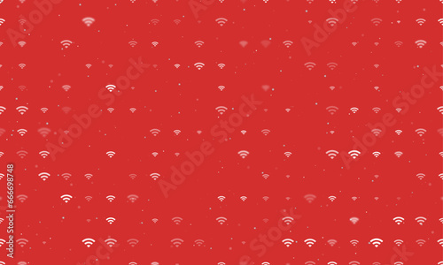 Seamless background pattern of evenly spaced white wifi symbols of different sizes and opacity. Vector illustration on red background with stars