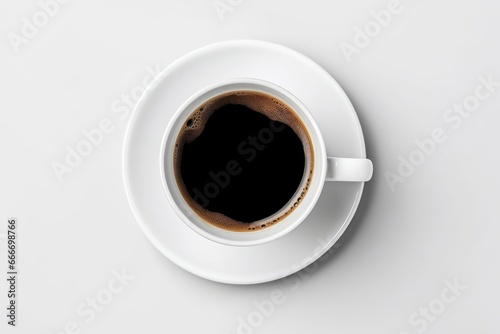 white cup and saucer with freshly brewed strong black coffee